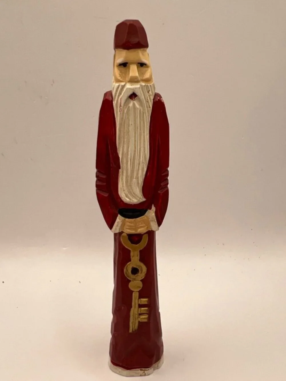 VTG “Pencil” St. Nick Holding Key To The North Pole Wood Carved Figurine 6” Tall